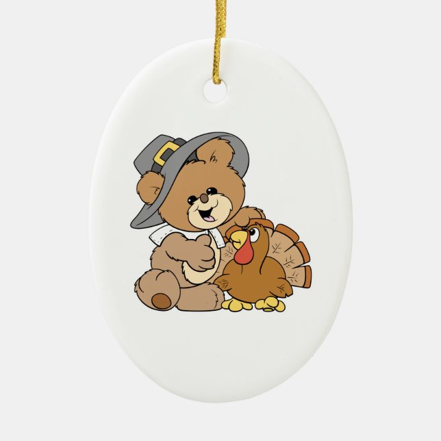 cute pilgrim teddy bear with turkey ceramic tree decoration (Front)