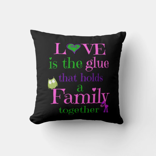 Cute Pillow, LOVE FAMILY pink lime purple on black Cushion (Front)