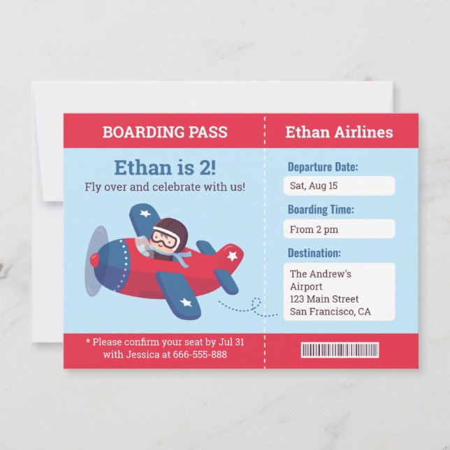 Cute Pilot Aeroplane Boarding Pass Birthday Party Invitation (Front)