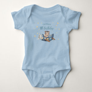 Cute Pilot Bear Blue Vintage Plane Birthday Baby Bodysuit