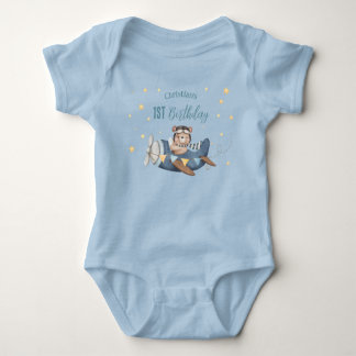 Cute Pilot Bear Blue Vintage Plane Birthday Baby Bodysuit