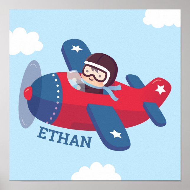 Cute Pilot Propeller Aeroplane Boys Wall Room Deco Poster (Front)