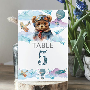 Cute Pilot Teddy Bear Birthday or Baby Shower Table Number