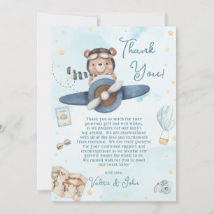Cute Pilot Teddy Bear Blue Plane Boy Baby Shower Thank You Card