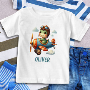 Cute Pilot Trex Dinosaur Flying a Blue Aeroplane Baby T-Shirt