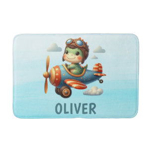 Cute Pilot Trex Dinosaur Flying a Blue Aeroplane Bath Mat