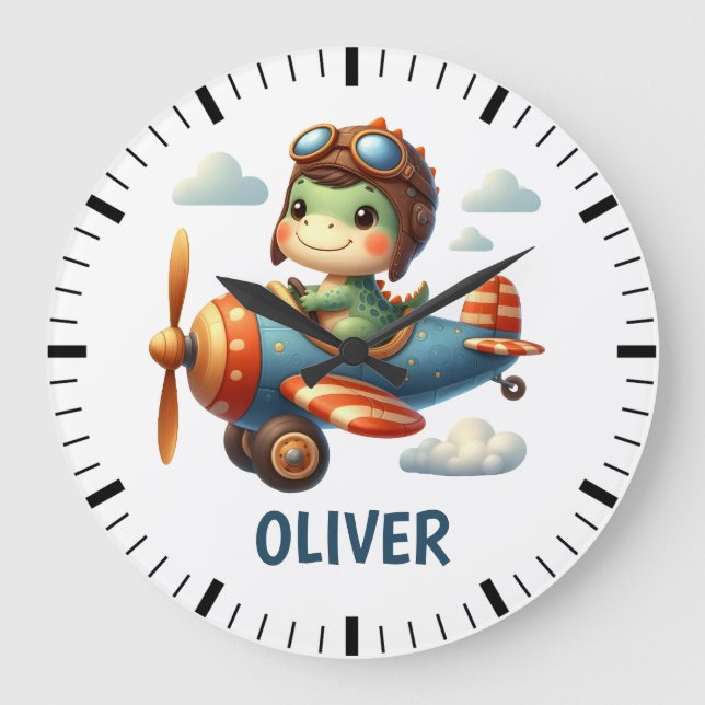 Cute Pilot Trex Dinosaur Flying a Blue Aeroplane Large Clock (Front)