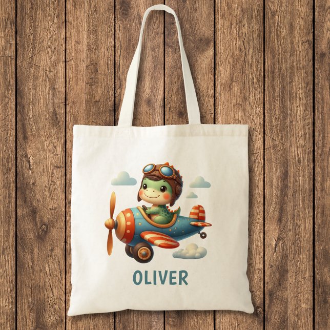 Cute Pilot Trex Dinosaur Flying a Blue Aeroplane Tote Bag (Creator Uploaded)