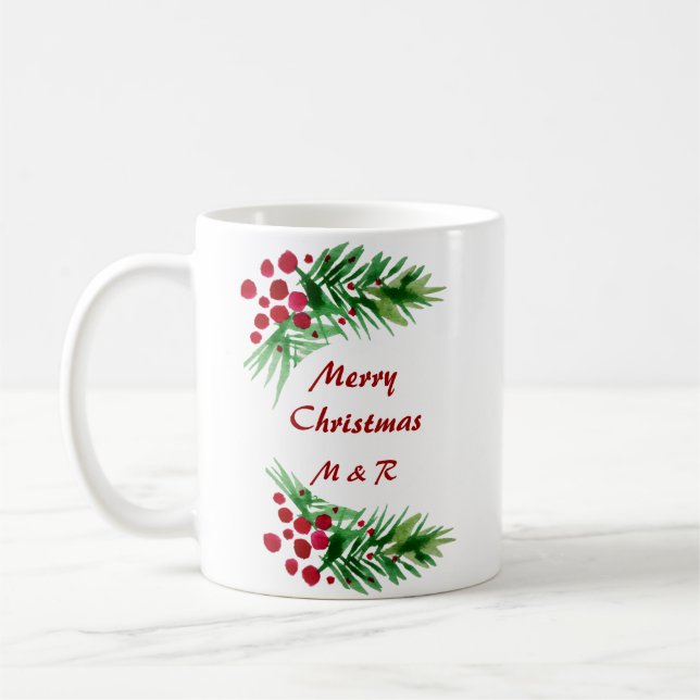 Cute Pine Branches With Red Berries Coffee Mug (Left)