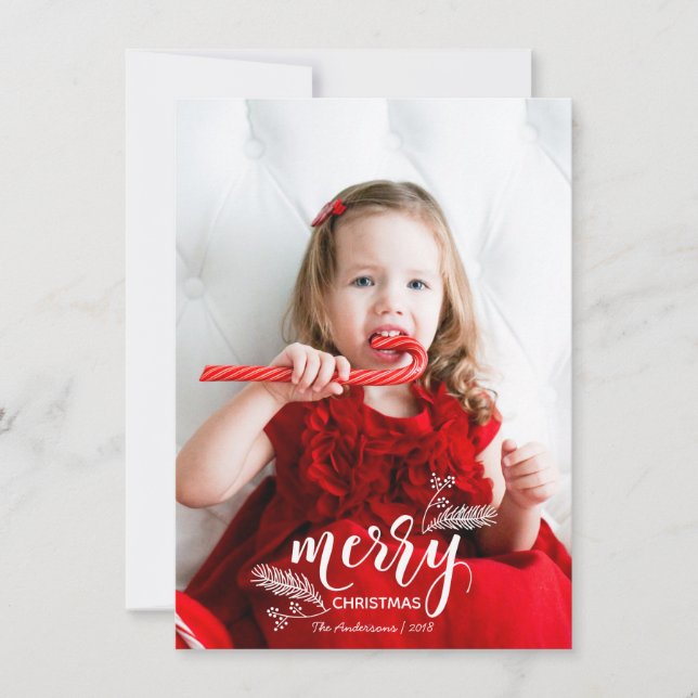 Cute Pine & Holly Christmas Pattern Family Photo Holiday Card (Front)