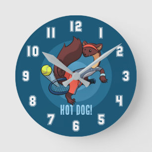 Cute Pine Marten Hot Dog Tennis Shot Cartoon Round Clock