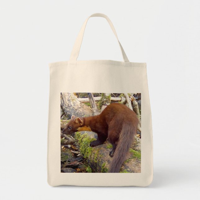 Cute Pine Marten Perched on Mossy Log Wildlife Art Tote Bag (Front)
