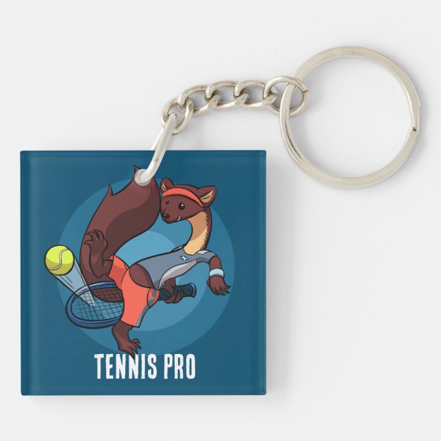 Cute Pine Marten Tennis Pro Trick Shot Cartoon Key Ring (Back)
