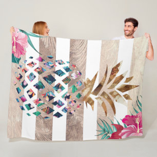 Cute Pineapple gold striped Fleece Blanket