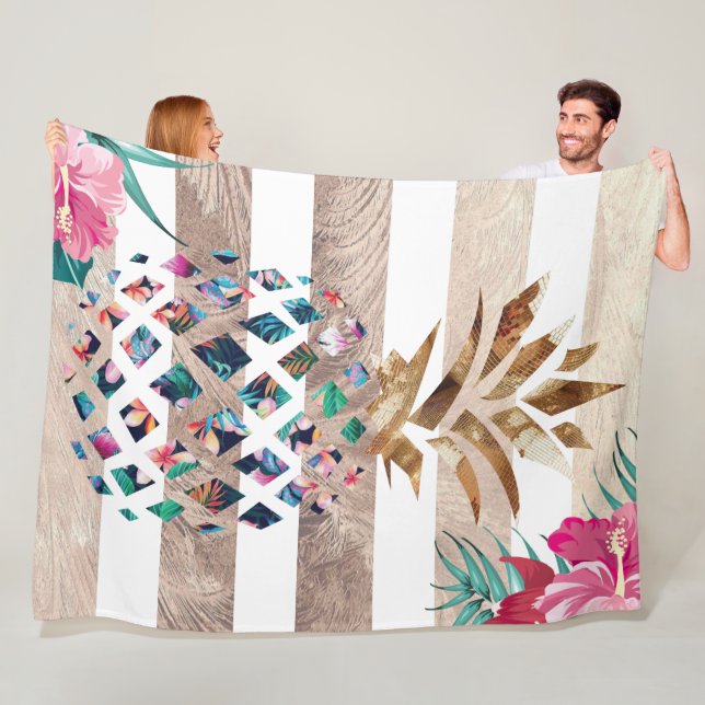 Cute Pineapple gold striped Fleece Blanket (In Situ)