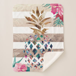 Cute Pineapple gold striped Sherpa Blanket
