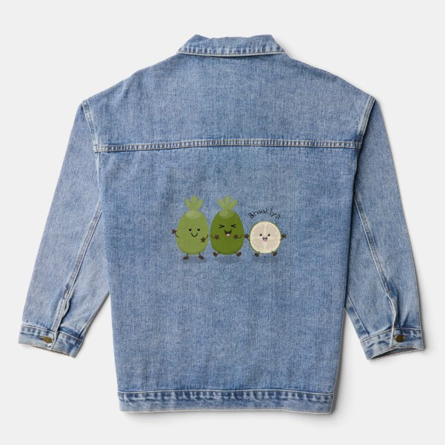 Cute pineapple guava feijoa cartoon illustration denim jacket (Back)