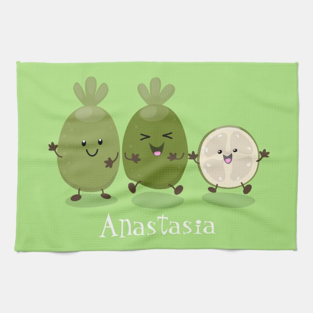Cute pineapple guava feijoa cartoon illustration tea towel (Horizontal)