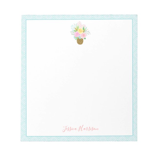 Cute Pineapple Roses Bouquet Pink Turquoise Notepad (Front)