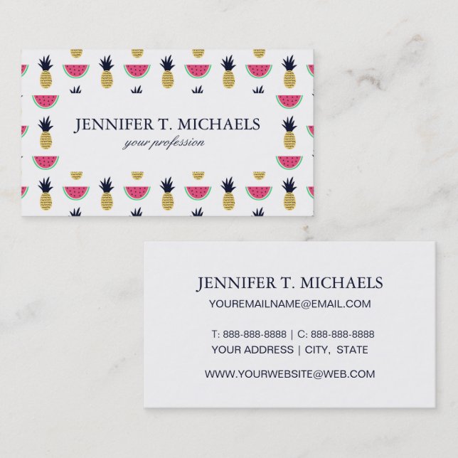 Cute Pineapple & Watermelon Doodle Pattern Business Card (Front/Back)
