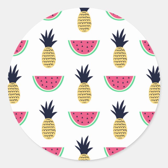 Cute Pineapple & Watermelon Doodle Pattern Classic Round Sticker (Front)