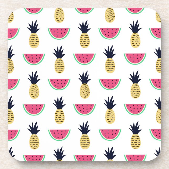 Cute Pineapple & Watermelon Doodle Pattern Coaster (Front)