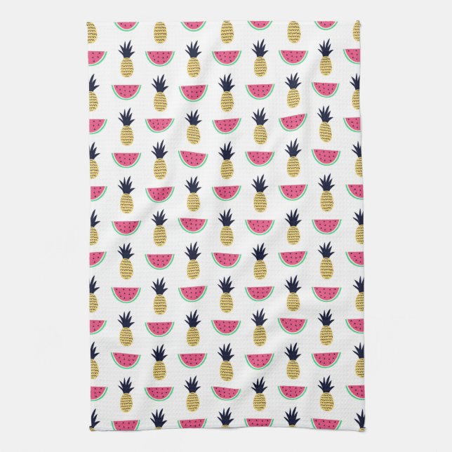 Cute Pineapple & Watermelon Doodle Pattern Tea Towel (Vertical)