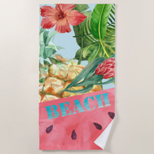 Cute Pineapple Watermelon Hibiscus Palm Leaves Beach Towel