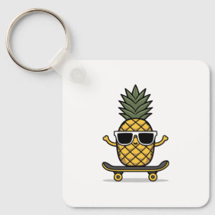 Cute Pineapple with Sunglasses on a Skateboard Key Ring
