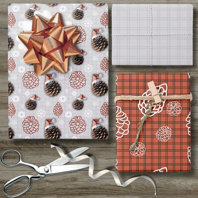 Cute Pinecone Christmas Craft Snowflake red grey  Wrapping Paper Sheet (Creator Uploaded)