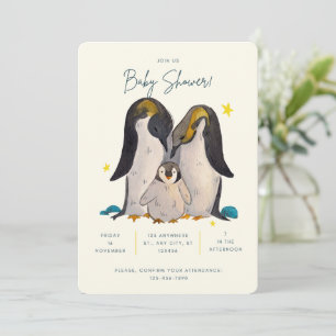 Cute Pinguin Watercolor Baby Shower Invitation