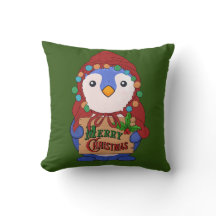 Cute pinguin wishes merry christmas Throw Pillow