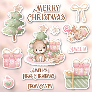 Cute Pink 1st Christmas Name Bear Contour Kiss Cut