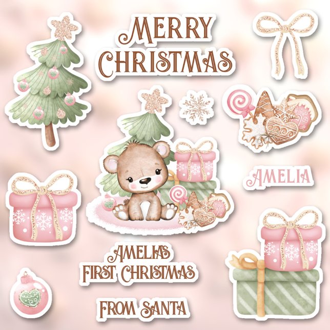 Cute Pink 1st Christmas Name Bear Contour Kiss Cut (Cute Pink 1st Christmas Name Bear Contour Kiss Cut Stickers)