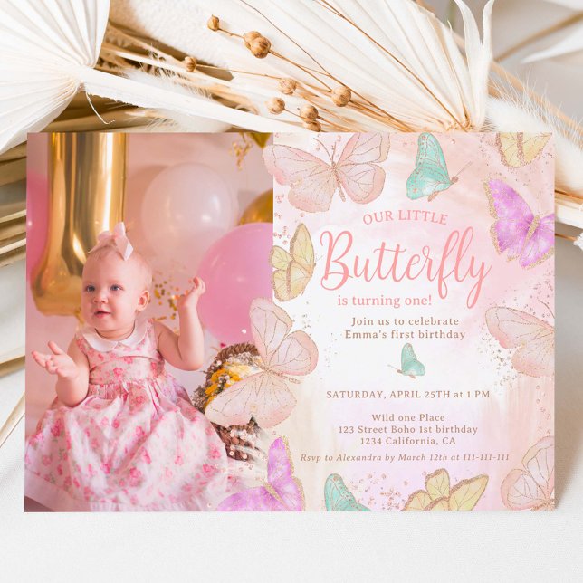 Cute pink a little butterfly chic 1st birthday invitation (Creator Uploaded)