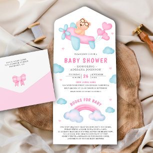 Cute Pink Aeroplane Girl Teddy Bear Baby Shower All In One Invitation