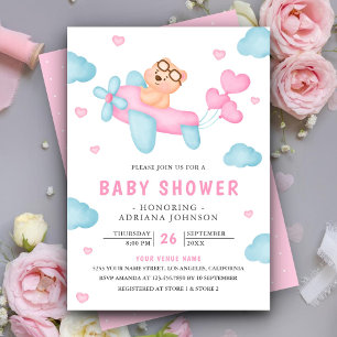 Cute Pink Aeroplane Girl Teddy Bear Baby Shower Invitation
