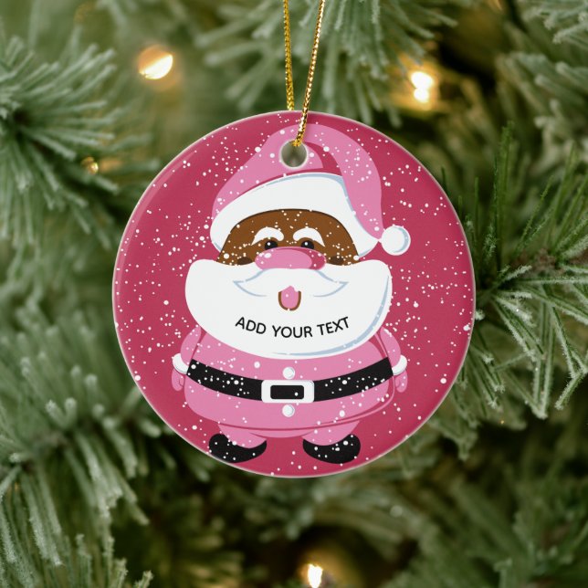Cute pink African-American Santa Claus Christmas Ceramic Ornament (Tree)