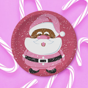 Cute pink African American Santa Claus Christmas Paper Plate