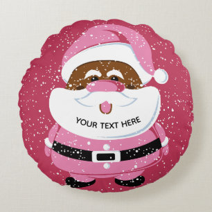 Cute pink African-American Santa Claus Christmas Round Cushion