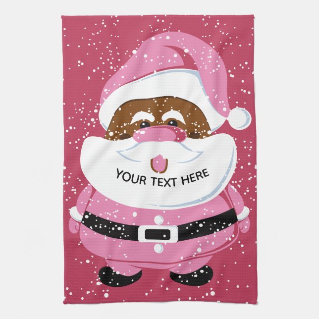 Cute pink African-American Santa Claus Christmas Tea Towel (Vertical)