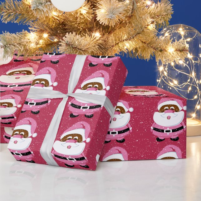 Cute pink African American Santa Claus Christmas Wrapping Paper (Holidays)