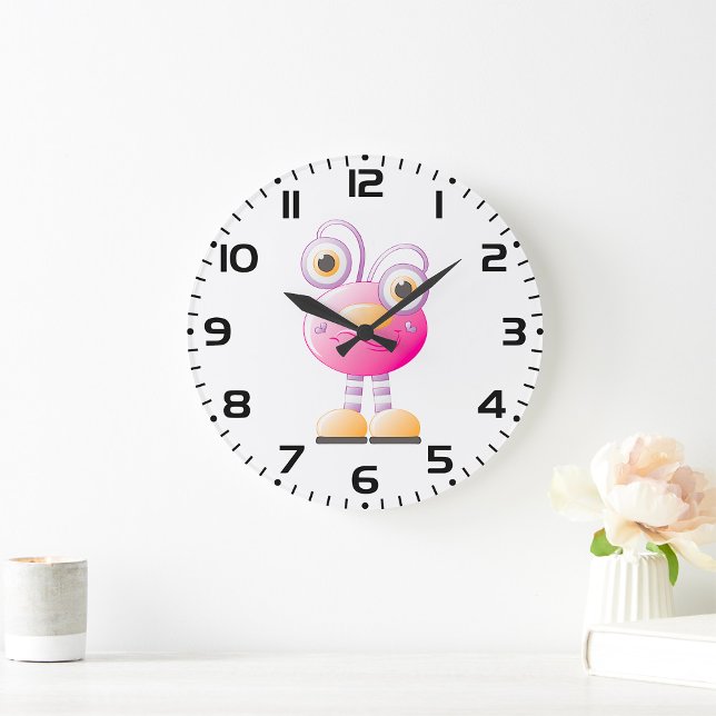 Cute Pink Alien With Big Eyes Large Clock (Creator Uploaded)