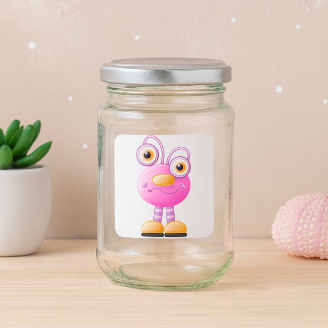 Cute Pink Alien With Big Eyes Square Sticker (Creator Uploaded)