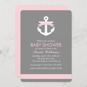 Cute Pink Anchor Nautical Girl Baby Shower Invitation