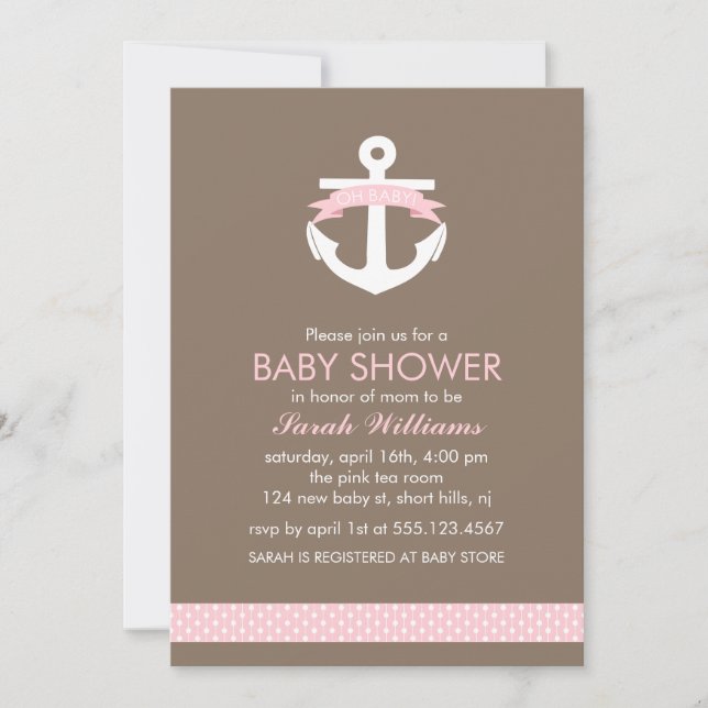 Cute Pink Anchor Nautical Theme Baby Shower Invitation (Front)