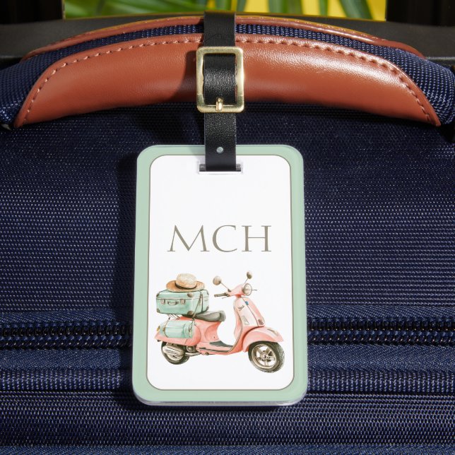 Cute Pink and Aqua Coastal Scooter Luggage Tag (Front Insitu 2)
