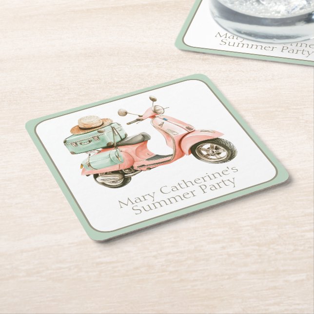 Cute Pink and Aqua Coastal Scooter Square Paper Coaster (Angled)