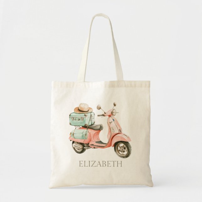 Cute Pink and Aqua Coastal Scooter Tote Bag (Front)