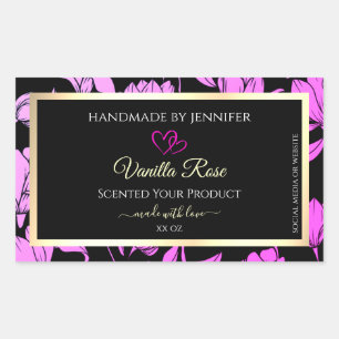 Cute Pink and Black Floral Product Labels Hearts